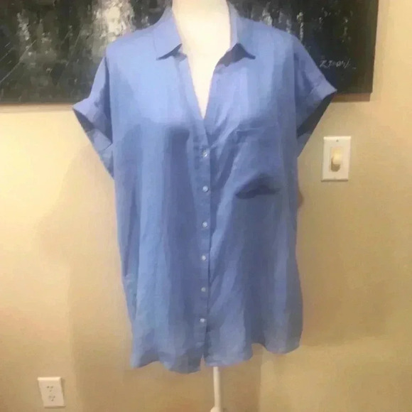 RACHEL ZOE Blue V Neck Collar Button Down 100% Linen Hi-Low Oversized Top - Picture 1 of 13